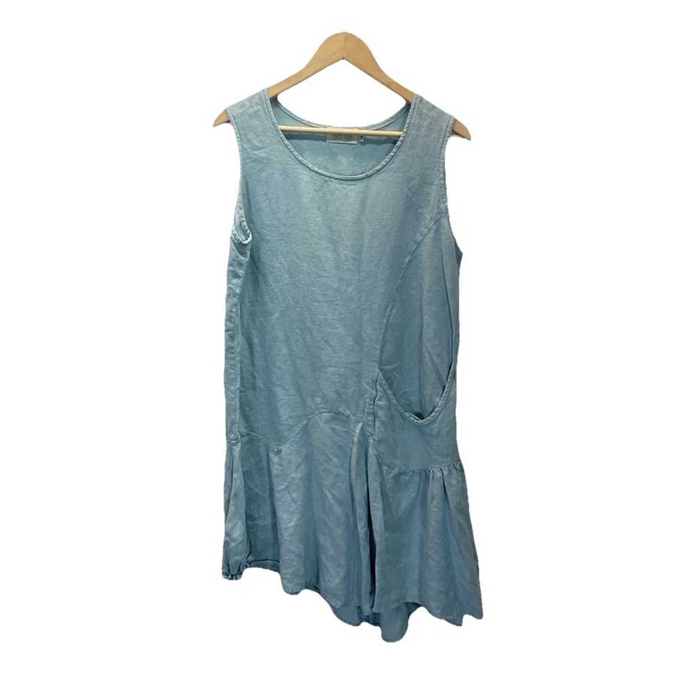 Secret Garden Linen Tank Dress M Blue Pocket‎ Casual Summer Resort Beach Cottage